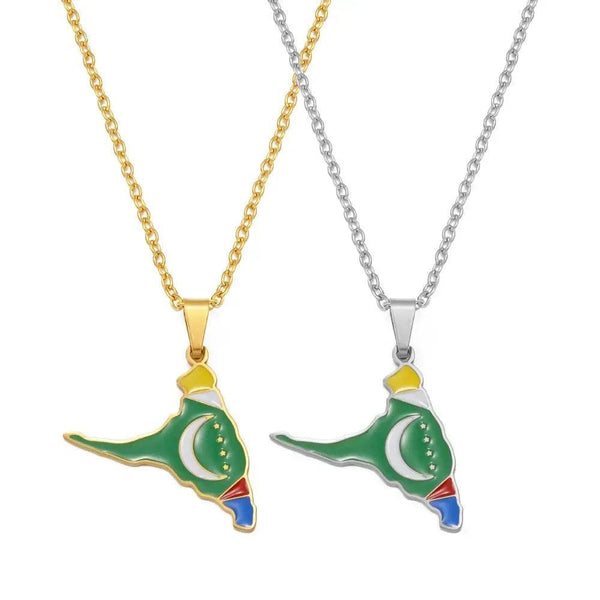 Anjouan Island Map Necklace - Comoros Flag Pendant