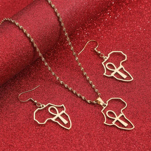 Ankh Cross Africa Map Necklace & Earrings