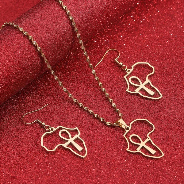 Ankh Cross Africa Map Necklace & Earrings