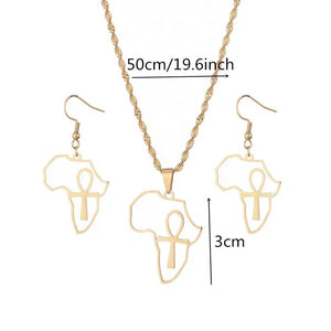 Ankh Cross Africa Map Necklace & Earrings