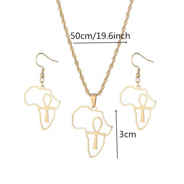 Ankh Cross Africa Map Necklace & Earrings