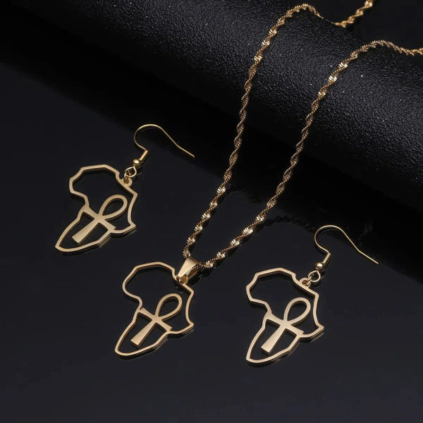 Ankh Cross Africa Map Necklace & Earrings