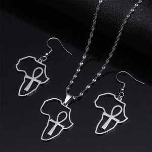 Ankh Cross Africa Map Necklace & Earrings