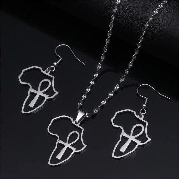 Ankh Cross Africa Map Necklace & Earrings