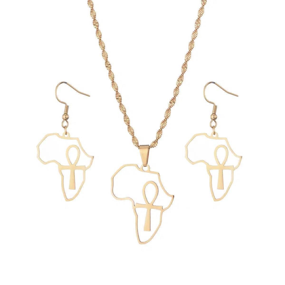 Ankh Cross Africa Map Necklace & Earrings