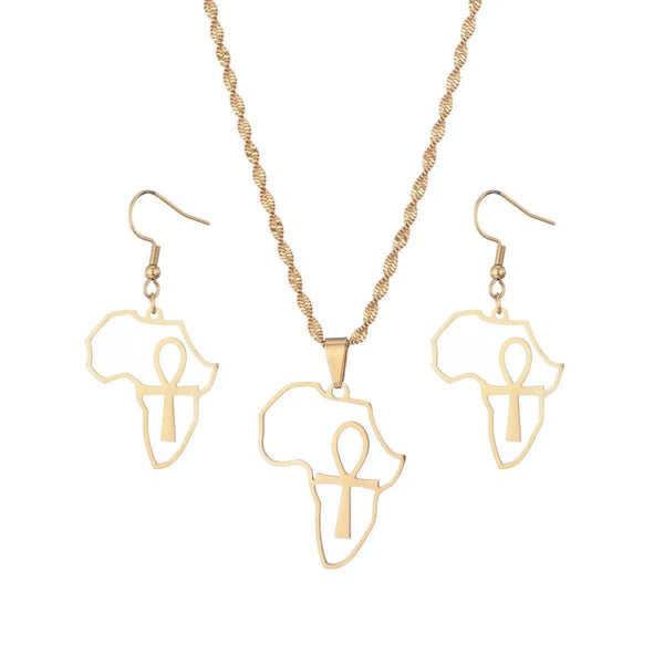 Ankh Cross Africa Map Necklace & Earrings