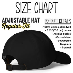 Size chart for a stylish unisex dad hat (baseball cap) made from 100% chino cotton twill, featuring a low-profile 6-panel design, embroidered eyelets, 3⅛″ (7.6 cm) crown, and adjustable antique buckle strap.