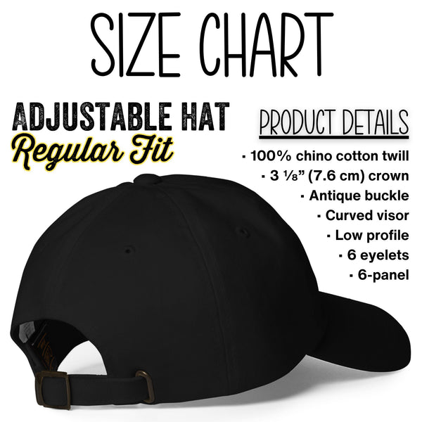 Size chart for a stylish unisex dad hat (baseball cap) made from 100% chino cotton twill, featuring a low-profile 6-panel design, embroidered eyelets, 3⅛″ (7.6 cm) crown, and adjustable antique buckle strap.