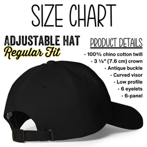 Size chart for a stylish unisex dad hat (baseball cap) made from 100% chino cotton twill, featuring a low-profile 6-panel design, embroidered eyelets, 3⅛″ (7.6 cm) crown, and adjustable antique buckle strap.