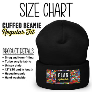 Size chart for a snug, form-fitting cuffed beanie made from 100% Turbo acrylic fabric. This unisex knit hat is 12″ (30 cm) in length, hypoallergenic, and hand washable.