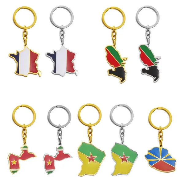 France, Martinique, Guadeloupe, French Guiana and Reunion Island Flag Map Keychains