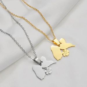 Guadeloupe Map Necklace with Hibiscus Flower