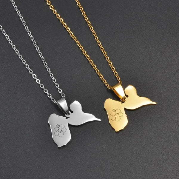 Guadeloupe Map Necklace with Hibiscus Flower
