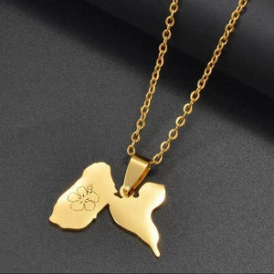 Guadeloupe Map Necklace with Hibiscus Flower