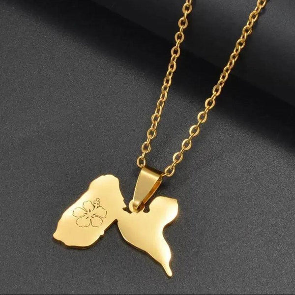 Guadeloupe Map Necklace with Hibiscus Flower