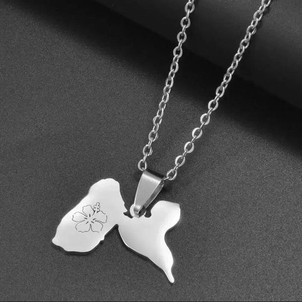 Guadeloupe Map Necklace with Hibiscus Flower