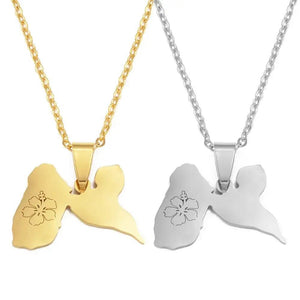 Guadeloupe Map Necklace with Hibiscus Flower