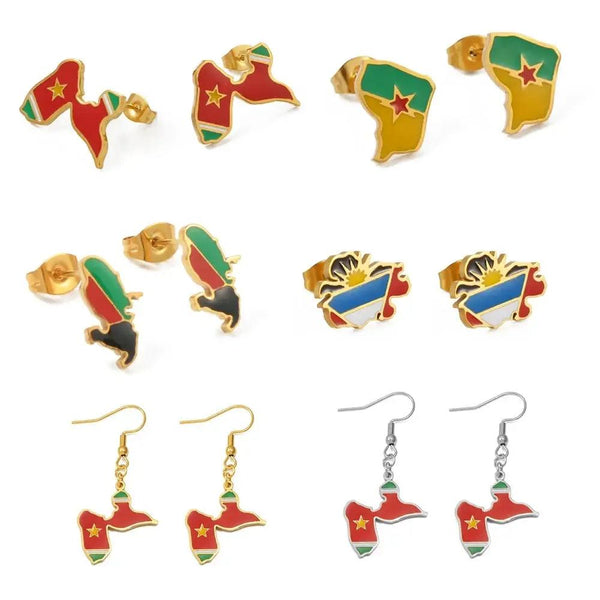 Guadeloupe, Reunion Island, Martinique, French Guiana, Antigua Flag Map Earrings