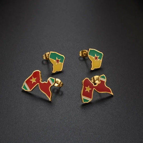 Guadeloupe, Reunion Island, Martinique, French Guiana, Antigua Flag Map Earrings