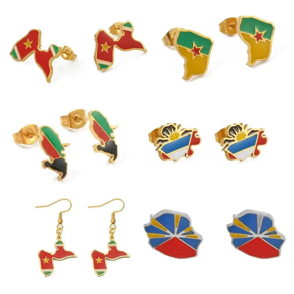 Guadeloupe, Reunion Island, Martinique, French Guiana, Antigua Flag Map Earrings