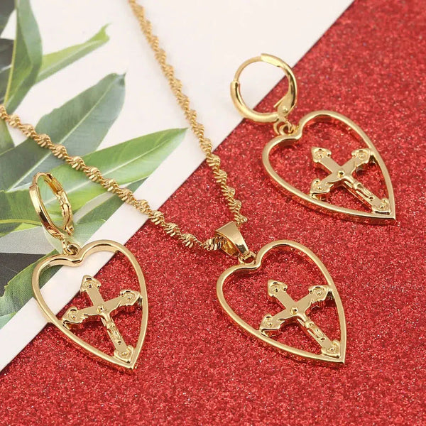 Heart and Crucifix Necklace & Earrings