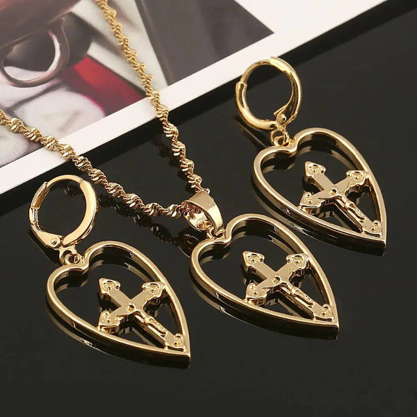 Heart and Crucifix Necklace & Earrings