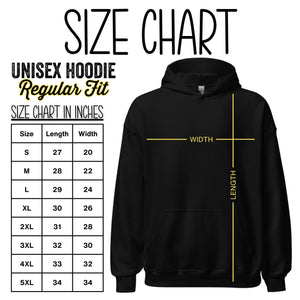 Hoodie size chart with measurements for chest width and body length in inches for sizes S to 5XL. Use this sizing guide to find the perfect fit for men’s, women’s, and unisex Hoodies.