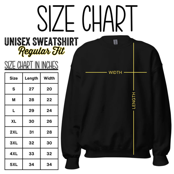 Sweatshirt size chart with measurements for chest width and body length in inches for sizes S to 5XL. Use this sizing guide to find the perfect fit for men’s, women’s, and unisex sweatshirts.