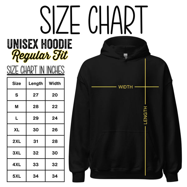 Hoodie size chart with measurements for chest width and body length in inches for sizes S to 5XL. Use this sizing guide to find the perfect fit for men’s, women’s, and unisex hoodies.