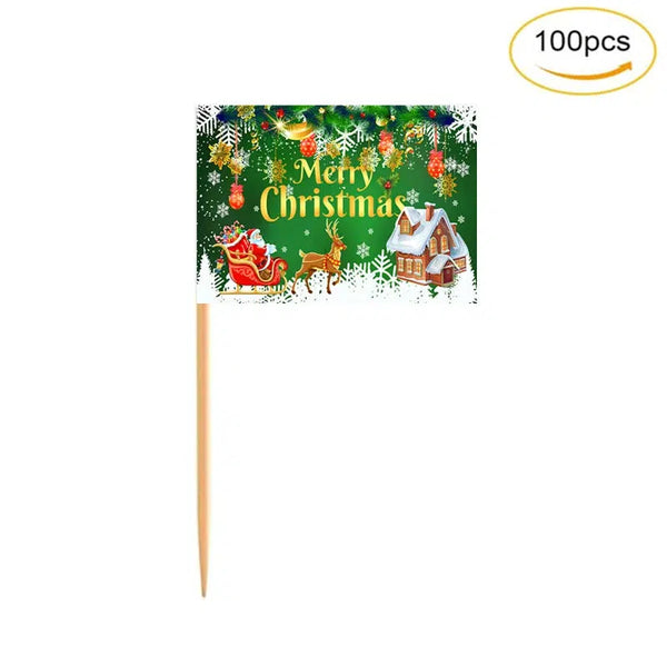 Merry Christmas Flag Toothpicks - Cupcake Toppers (100Pcs)