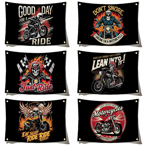 Motorcycle Skull Flags - 90x150cm(3x5ft) - 60x90cm(2x3ft) - Skeleton Biker Flags