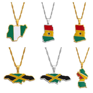 Nigeria, Ghana, Jamaica, Guyana Flag Map Necklace Collection