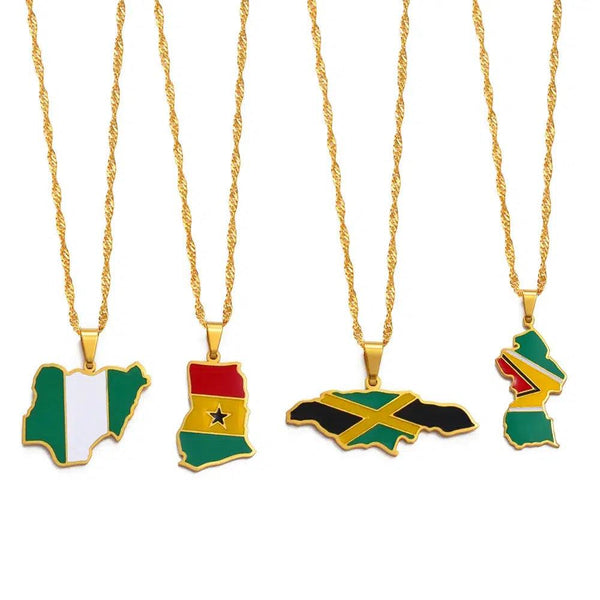 Nigeria, Ghana, Jamaica, Guyana Flag Map Necklace Collection