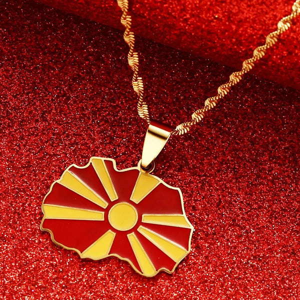 North Macedonia Flag Map Necklace