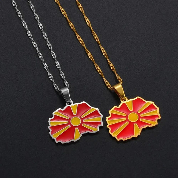North Macedonia Flag Map Necklace