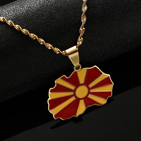 North Macedonia Flag Map Necklace