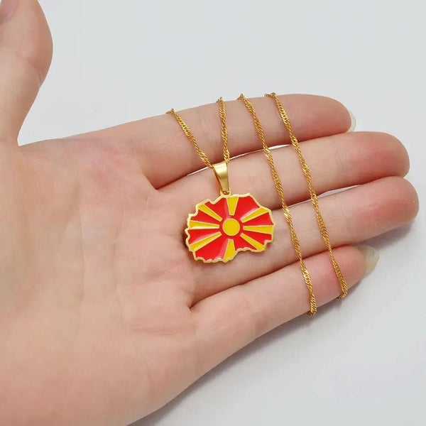 North Macedonia Flag Map Necklace