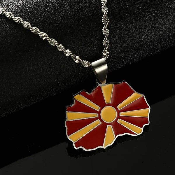 North Macedonia Flag Map Necklace