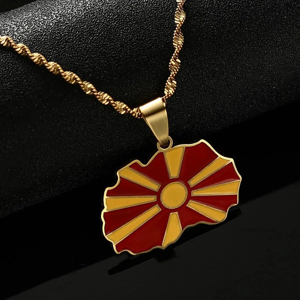 North Macedonia Flag Map Necklace