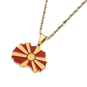 North Macedonia Flag Map Necklace