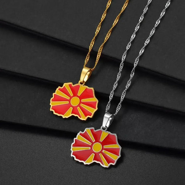 North Macedonia Flag Map Necklace