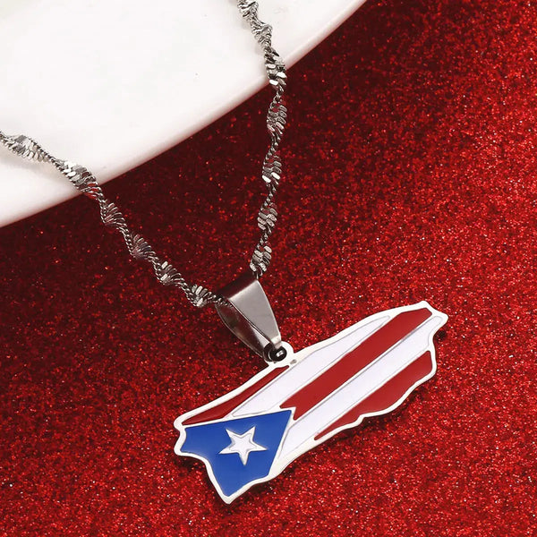 Puerto Rico Flag Map Necklace