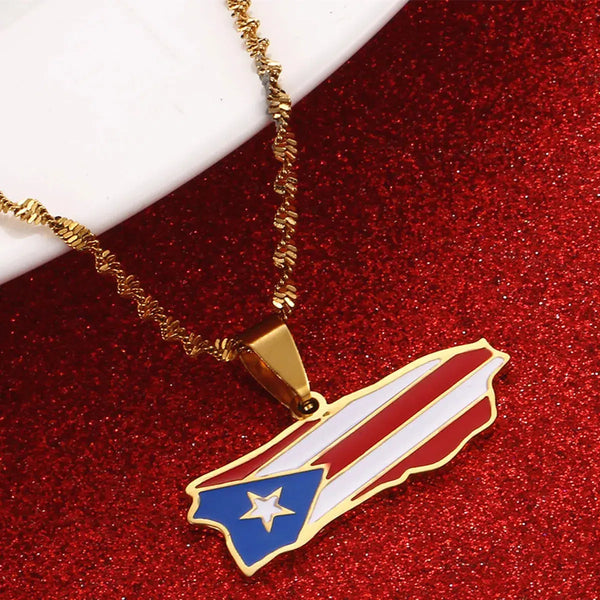 Puerto Rico Flag Map Necklace