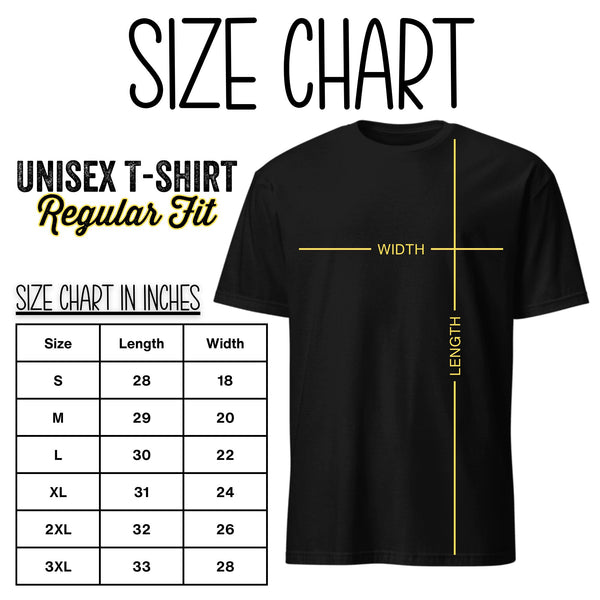 T-shirt size chart with measurements for chest width and body length in inches for sizes S to 3XL. Use this sizing guide to find the perfect fit for men’s, women’s, and unisex T-shirts.