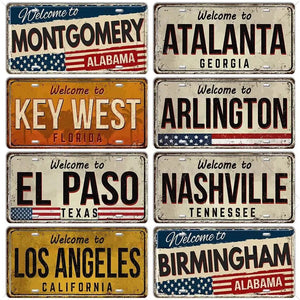 USA Flag & City License Plate Collection - Decorative Metal Tin Signs