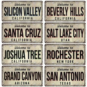 USA Flag & City License Plate Collection - Decorative Metal Tin Signs