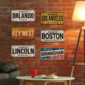 USA Flag & City License Plate Collection - Decorative Metal Tin Signs