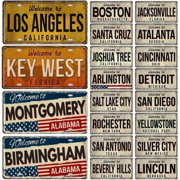 USA Flag & City License Plate Collection - Decorative Metal Tin Signs