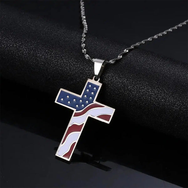 USA Flag Cross Necklace