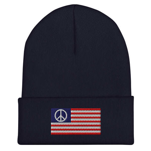 USA Peace Sign Flag Beanie - Embroidered Winter Hat